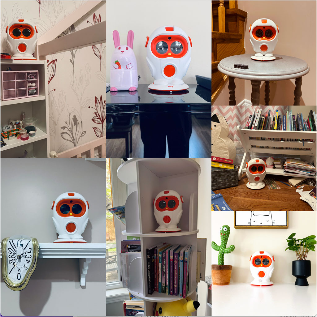 Ein ausgedienter sozialer Roboter steht sichtbar auf einem Regal im Familienhaushalt, umgeben von Erinnerungsstücken und Alltagsgegenständen.