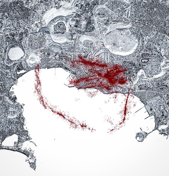 Die Darstellung zeigt eine ringförmige Zone seismischer Aktivität unter der Campi-Flegrei-Caldera. Die KI-gestützte Analyse macht erstmals deutlich, wie klar sich diese Ringstruktur abzeichnet.