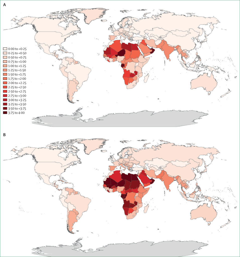 Anteil hitzebedingter Todesfälle im Vergleich: links 1990–99, rechts 2012–21 – die Zahl der Opfer ist deutlich gestiegen.