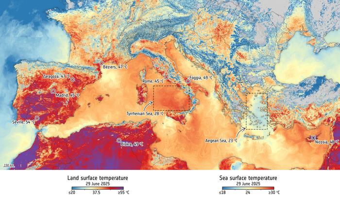 Satellitenaufnahme vom 29. Juni 2025: Eine massive Hitzewelle hält Südeuropa und Nordafrika im Griff – die Temperaturen liegen weit über dem Durchschnitt.