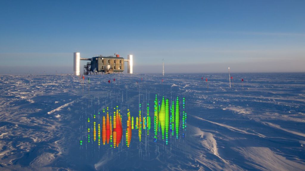 Der oberirdische Bereich des IceCube-Experiments am Südpol; daneben eine Simulation, die zeigt, wie der Neutrino-Detektor im Eis ein Messsignal erfasst.