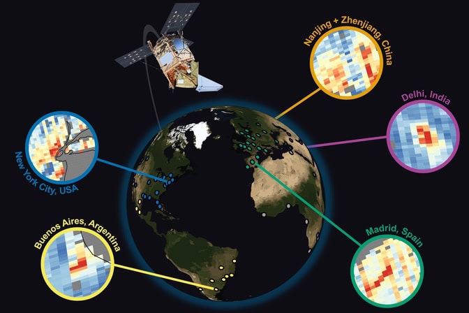 Das TROPOMI-Instrument an Bord des europäischen Satelliten Sentinel-5P umkreist die Erde und misst Methan in der Atmosphäre. Die Grafik zeigt beispielhafte Aufnahmen über Städten, in denen höhere Methanwerte durch warme Farben sichtbar werden – ein Hinweis darauf, dass Städte deutlich mehr Methan ausstoßen als bislang berechnet.
