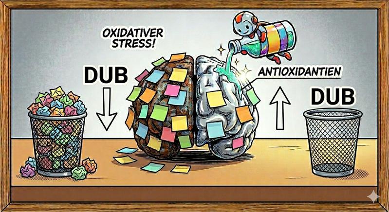 Im alternden Gehirn hemmt oxidativer Stress die Aktivität von Deubiquitylasen, die für die Regulierung des Proteinabbaus wichtig sind. Ubiquitin-Markierungen an Proteinen können daher nicht mehr effizient entfernt werden.