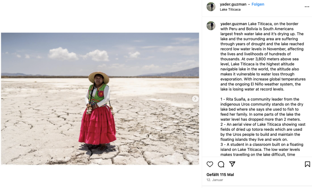 Fotojournalist Yader Guzman dokumentiert Rita Suaña, eine Anführerin der indigenen Uros-Gemeinschaft, die auf dem trockenen Seegrund steht.