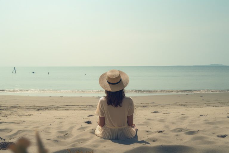 woman in hat sitting on beach in front of the sea
