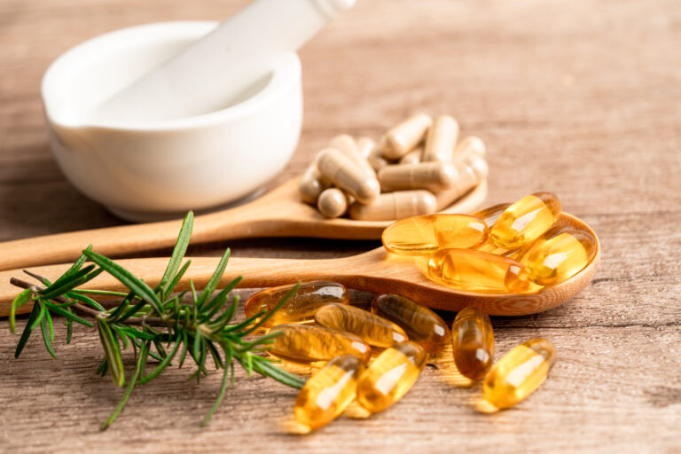 Alternative medicine herbal organic capsule with vitamin E omega