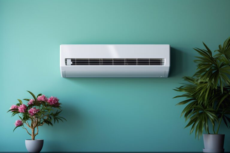 Close up shot of newly installed white air conditioner. Working AC hanging on the pastel color wall with a lot of copy space for text. Background.