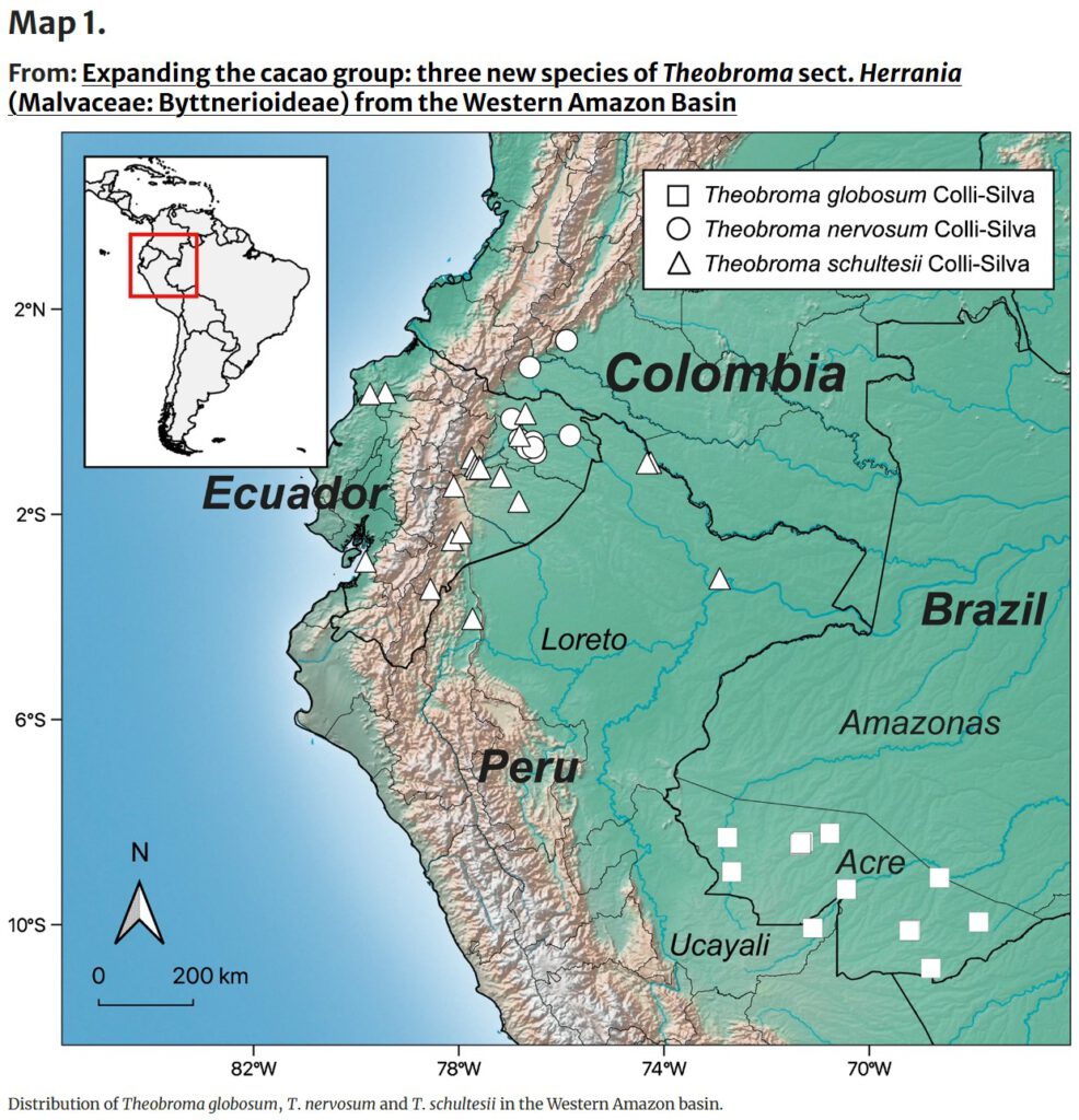 Eine Karte, die die Verteilung der neu entdeckten Kakaoarten im Amazonasbecken darstellt.