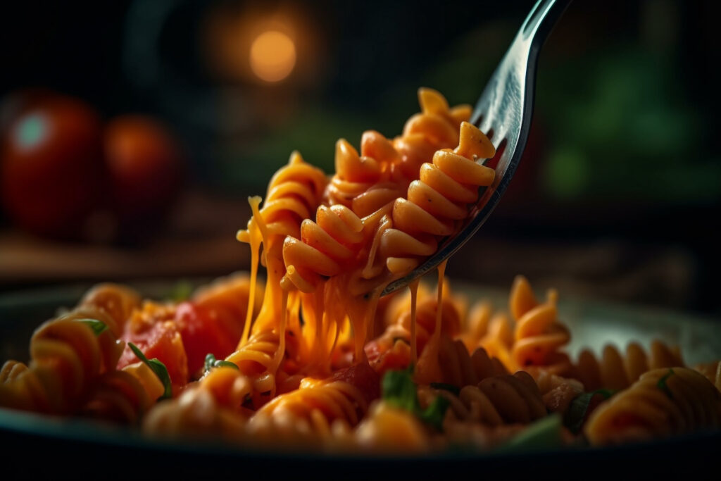 Healthy vegetarian pasta meal with fresh tomato on rustic plate generated by AI