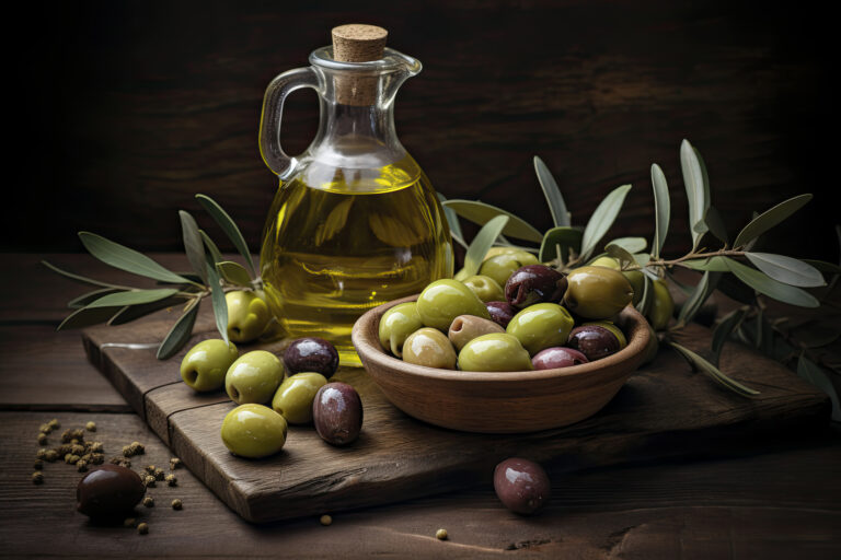 Olive oil with fresh olives on rustic wood close up