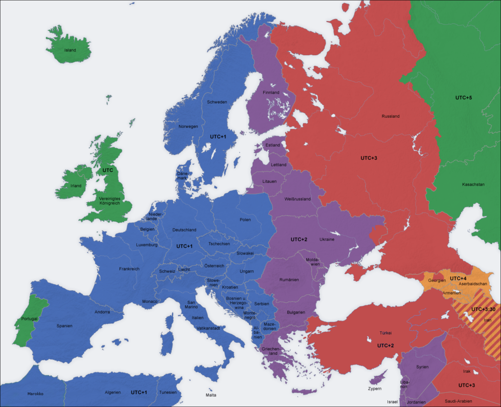 Eine Karte der unterschiedlichen Zeitzonen in Europa: UTC ist die Koordinierte Weltzeit, UTC+1 die eine Stunde später befindliche Mitteleuropäische Zeit MEZ.