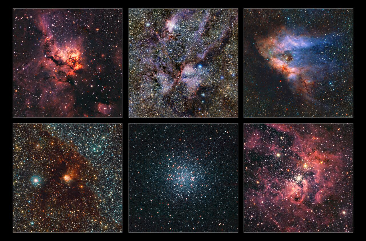 Diese Collage zeigt eine kleine Auswahl von Regionen der Milchstraße, die im Rahmen der bisher detailliertesten Infrarotkarte unserer Galaxie aufgenommen wurden. © ESO