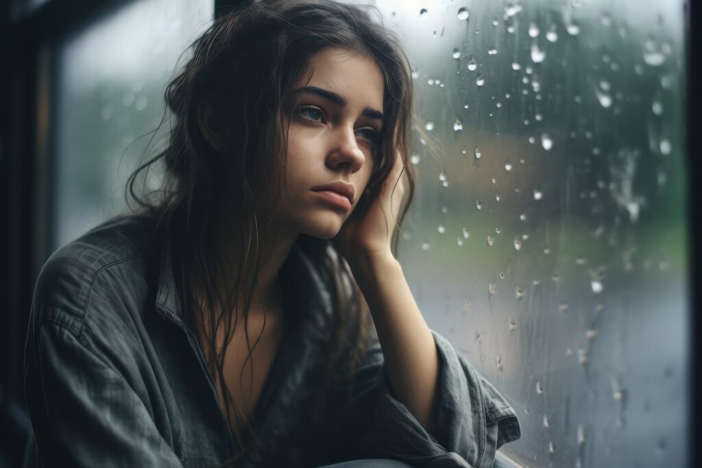 A young woman sad of sit on the edge the window with raindrops on the glass window on a rainy day ,Generative AI.