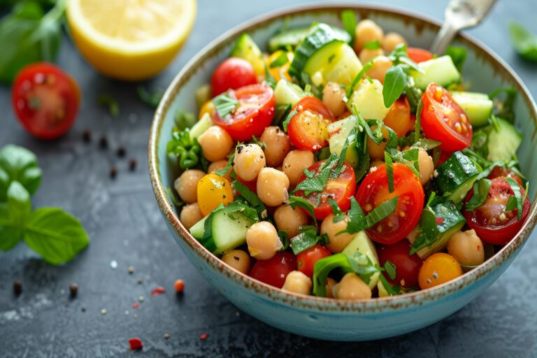 A light and healthy chickpea salad with cherry tomatoes, cucumbers, and a lemon tahini dressing