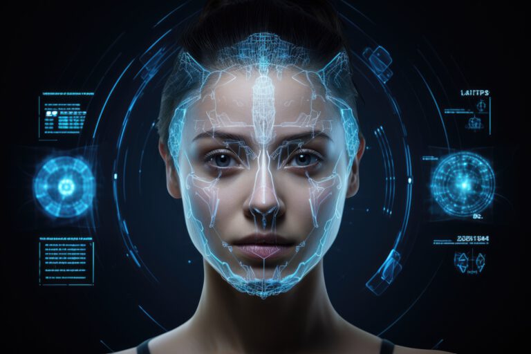 Futuristic female face with futuristic HUD interface. Future concept. 3D Rendering, Digital hologram CT scan and X-ray on a human face, presented on a dark medical screen without, AI Generated