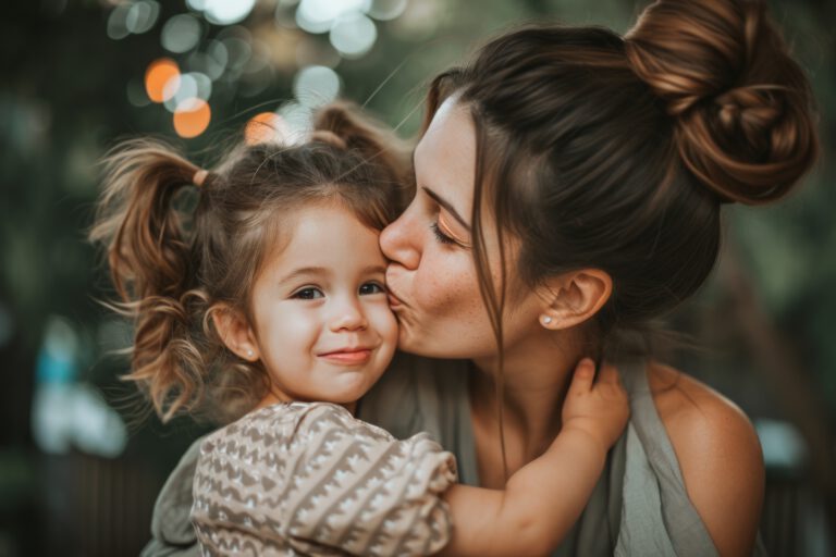 mother kisses son at home holding flowers for mothers day