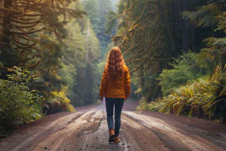 Woman Walking Down Dirt Road in Woods