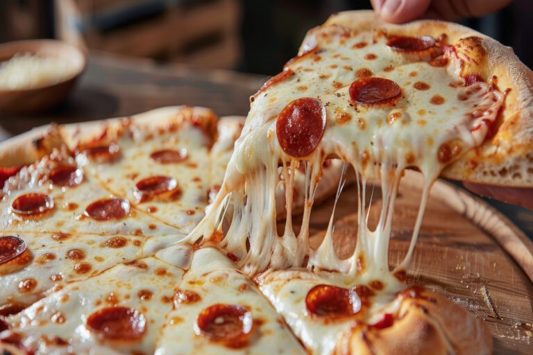 Freshly Baked Pepperoni Pizza With Melted Cheese on Wooden Board