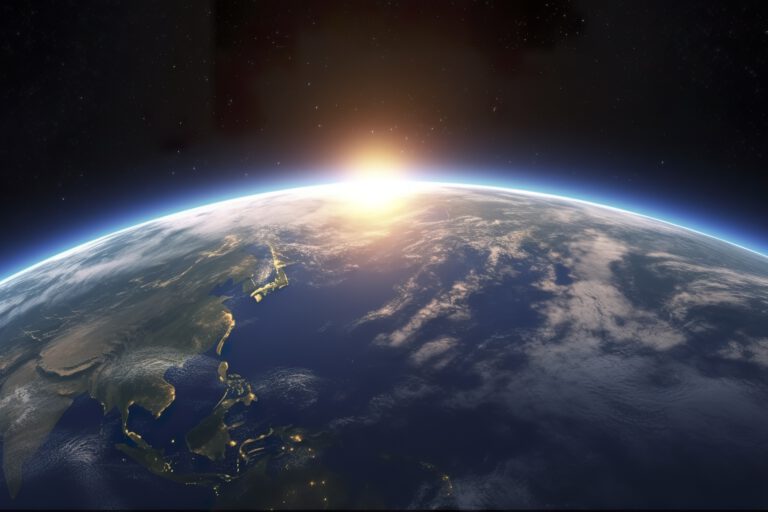 Photo 3d render: sunrise view from space on planet earth, generat ai