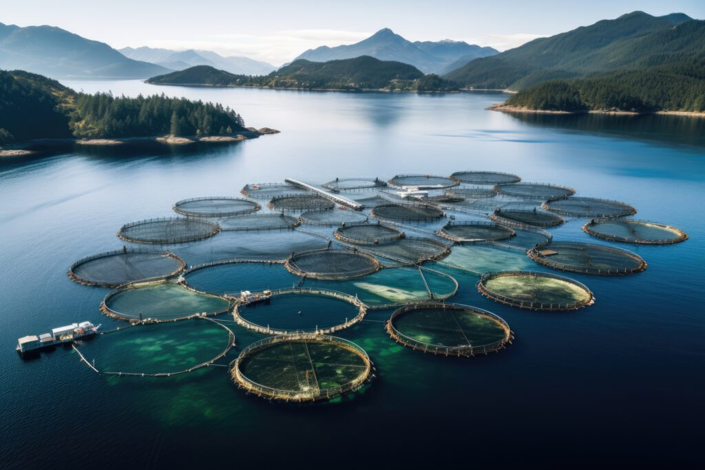 Auf Fischfarmen werden Fische gezüchtet, um sie nicht in natürlichen Ökosystemen fangen zu müssen. © Vecteezy