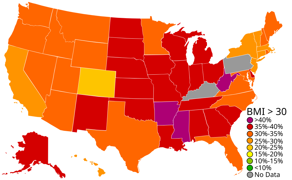 Prozentsatz der Erwachsenen pro US-Bundesstaat mit einem BMI über 30, Daten von 2023: Der Karte nach leben in West Virginia, Arkansas und Mississippi die meisten Menschen mit Adipositas. © Wisconsin image adder via Wikimedia unter CC BY-SA 4.0