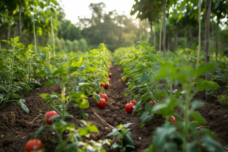A lush vegetable garden with rows of tomatoes, cucumbers, and zucchini thriving under the sun