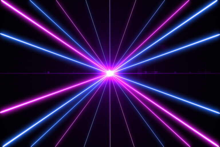 Retro cyberpunk style 80s. Abstract neon color light party bright lens flare on black background. Laser show colorful design for banners advertising technologies