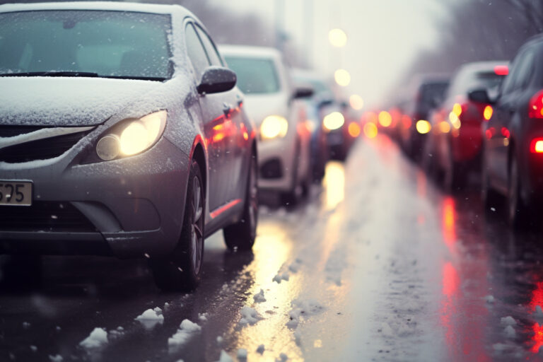 Blurred headlights illuminate wet city streets at night generated by AI