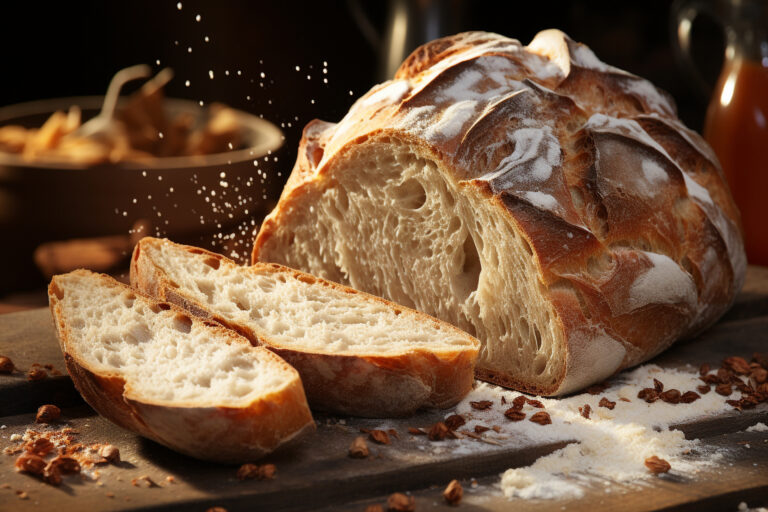 Freshness and indulgence in a gourmet, homemade, rustic bread slice generated by AI