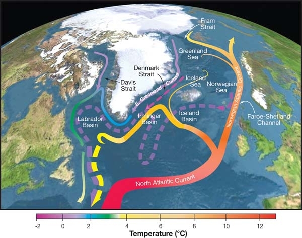 
Die Irmingersee ist die entscheidende Region, in der Schmelzwasser aus Grönland die Atlantikströmung am stärksten aus dem Gleichgewicht bringt. © R. Curry, Woods Hole Oceanographic Institution/Science/USGCRP via Wikimedia unter CC BY 3.0