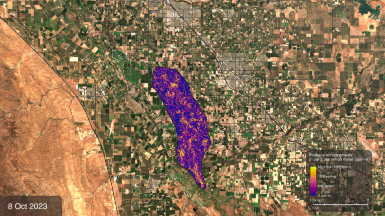Methanfahnen nahe Modesto, Kalifornien, entdeckt von der EMIT-Weltraummission.