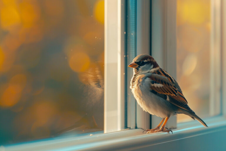 a small bird is sitting on a window sill background
