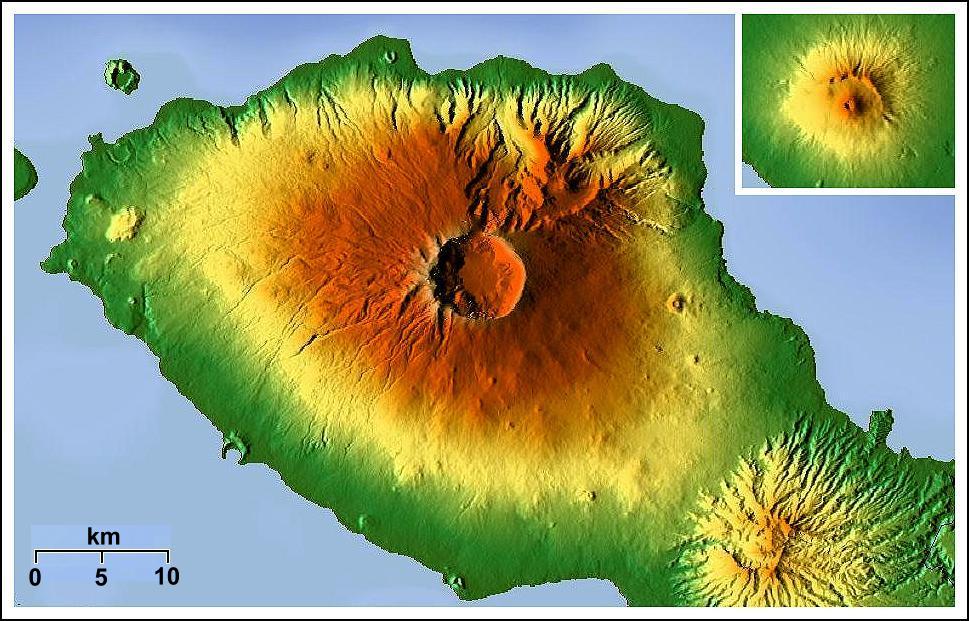 Größenvergleich Tambora und Vesuv | Quelle: Google Maps, SRTM3 Webserver. © geoethno via Wikimedia unter GNU Free Documentation License