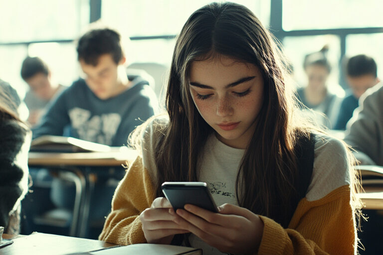 Handyverbote reduzieren Ablenkung, fördern Aufmerksamkeit und bringen das Lachen zurück in die Klassenzimmer. © Midjourney