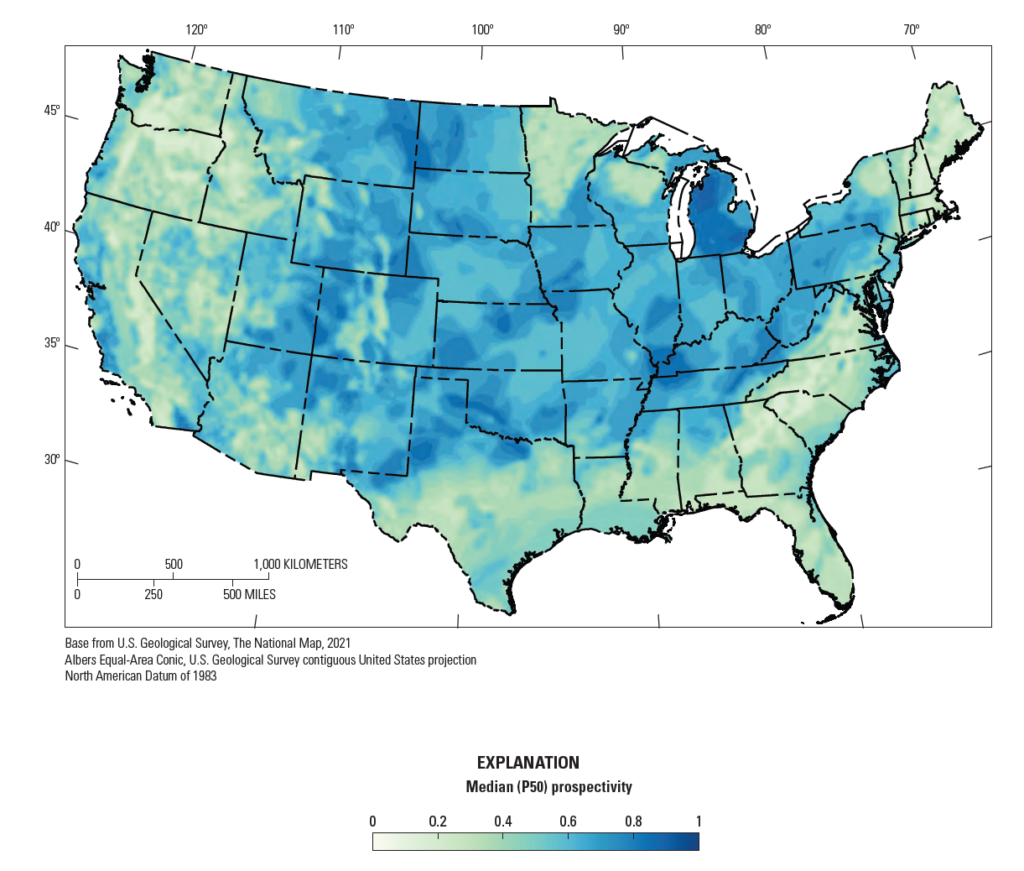 Karte mit potenziellen Vorkommen von geologischem Wasserstoff in den Vereinigten Staaten. © USGS