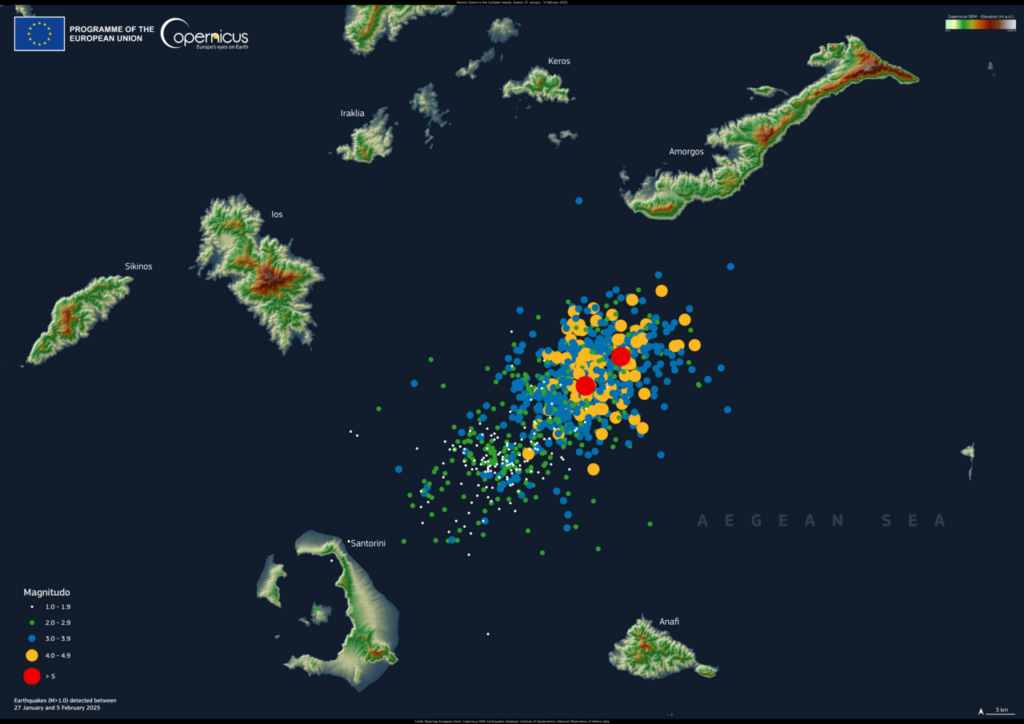 Erdbebenserie auf den Kykladen, Griechenland © European Union, Copernicus Digital Elevation Model (Contains modified Copernicus Sentinel data 2025) / Seismic Swarm in the Cyclades Islands, Greece via Wikimedia unter EU law