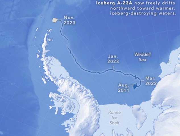 Eisberg A23a brach 1986 ab, trieb seit 2020 durchs Südpolarmeer und ist nun vor Südgeorgien auf Grund gelaufen. © Earth Observatory via Wikimedia unter Public Domain