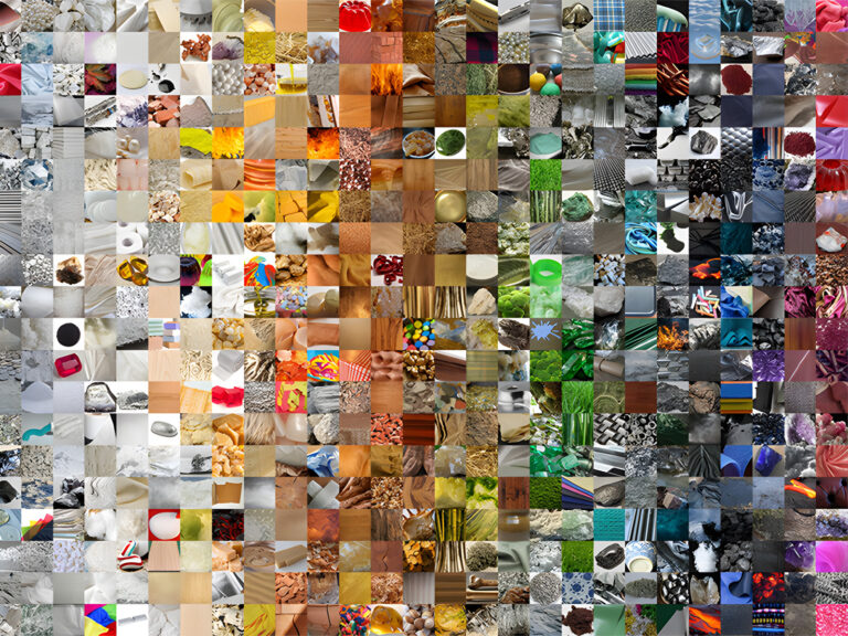 Materialien haben vielfältige Erscheinungsbilder. Unser Verständnis von ihnen beruht jedoch lediglich auf 36 Dimensionen – wie zum Beispiel Körnigkeit, Bläue oder Viskosität. © Justus-Liebig-Universität Gießen (KI-generiert)