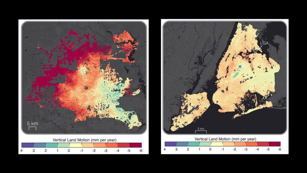 Houston (links) sinkt stellenweise über 20 Millimeter pro Jahr – damit schneller als jede andere US-Stadt. Auch New York (rechts) rutscht langsam ab, besonders rund um den Flughafen LaGuardia. Warme Farben zeigen besonders betroffene Zonen. © Jeremy Hinsdale auf Grundlage von Ohenhen et al., Nature Cities 2025
