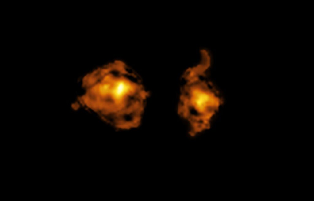 Dieses ALMA-Bild zeigt zwei kollidierende Galaxien: Rechts ein Quasar, der Strahlung in die linke Galaxie schleudert – und dort das Sternenmaterial zerstört. Mit dem X-shooter am VLT verfolgten Astronomen, wie das Licht des Quasars durch einen Gashalo drang und die Geburt neuer Sterne verhinderte. © ALMA (ESO/NAOJ/NRAO)/S. Balashev and P. Noterdaeme et al.