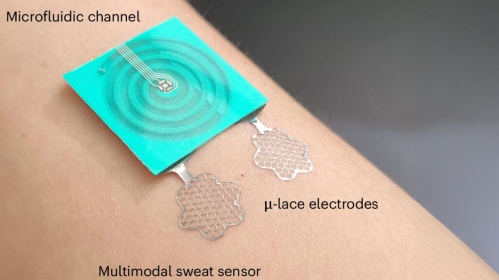 Der multimodale Schweißsensor wird auf der Haut angebracht und verfügt über einen mikrofluidischen Kanal sowie atmungsaktive μ-Lace-Elektroden. (Bildquelle: Studie)