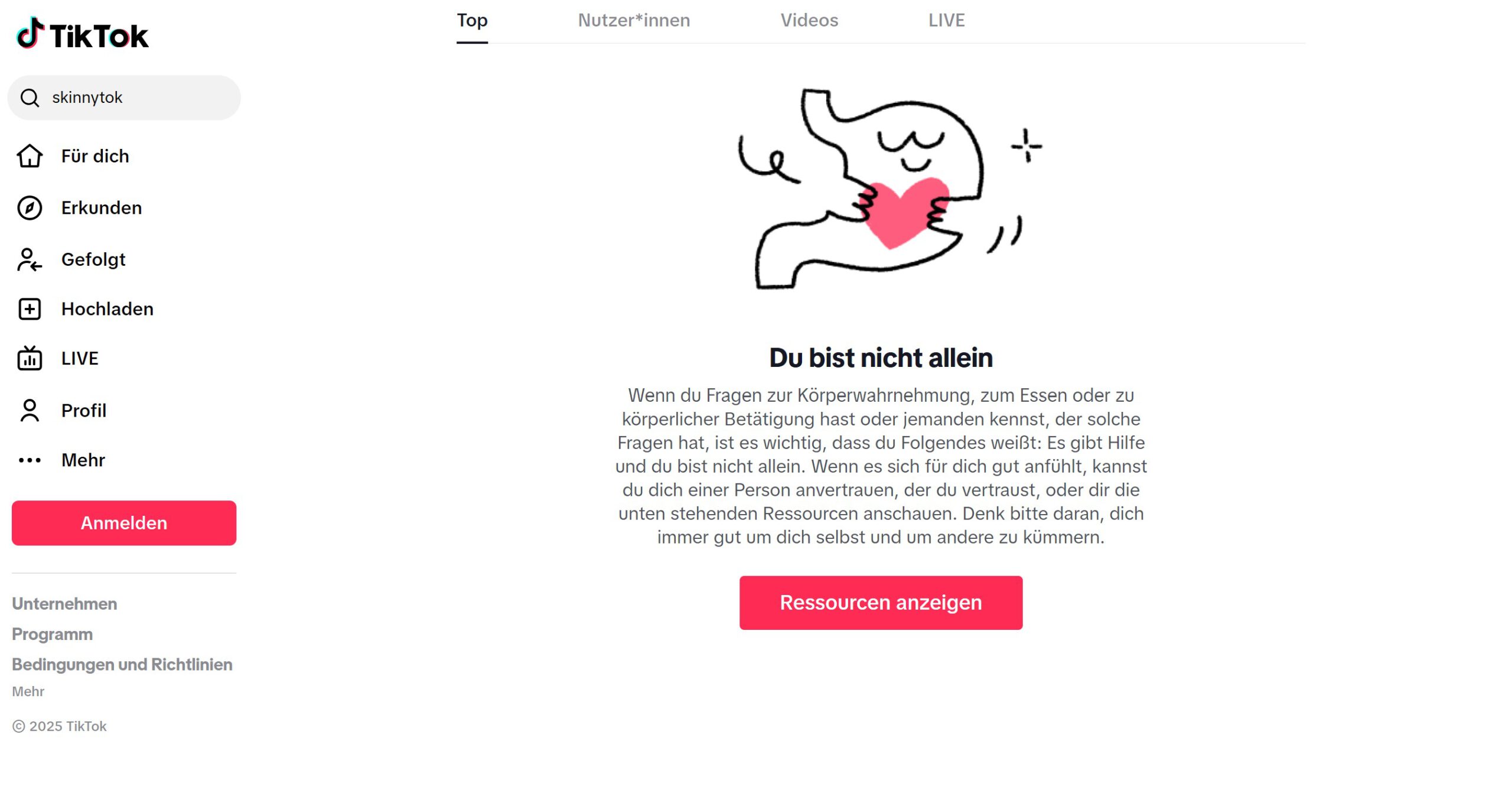 Suchergebnis beim Stichwort „Skinnytok“. © TikTok