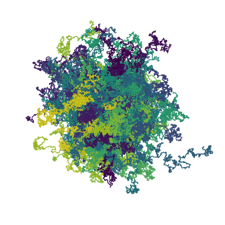 Computersimulationsschnappschuss von verhakten aktiven flexiblen Polymerfäden. Verschiedene Farben deuten verschiedene Ketten an. © HHU / Davide Breoni