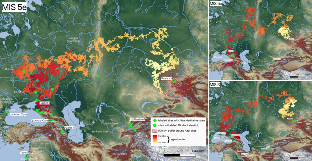 Drei mögliche Wanderrouten der Neandertaler vor rund 120.000 Jahren (MIS 5e) und vor 60.000 Jahren (MIS 3), zwei Warmzeiten. (Quelle: PloS One)