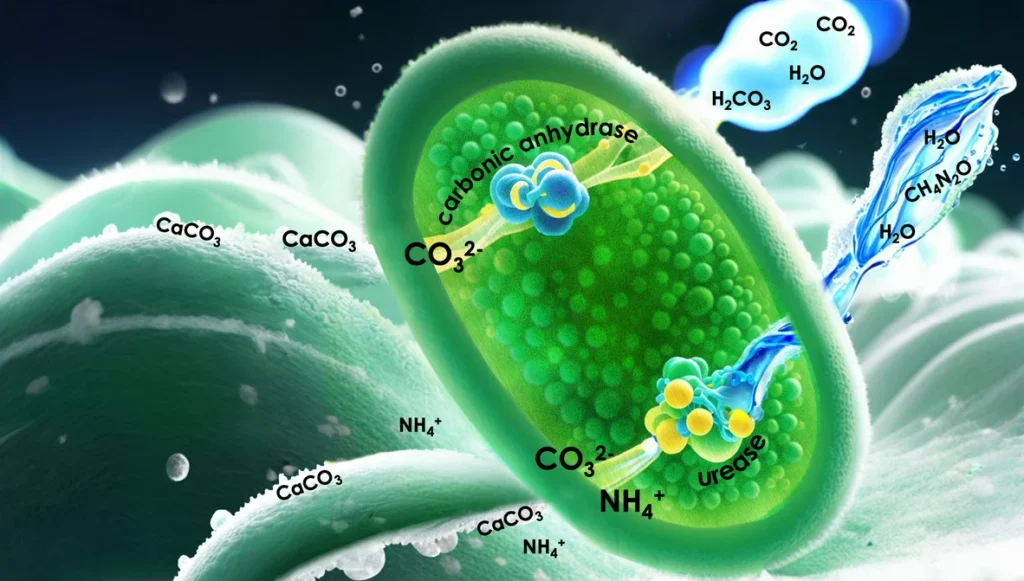 Illustration der durch Urease und Carboanhydrase ausgelösten Kalzitbildung in B. megaterium mit Harnstoff und CO2 als Ausgangsstoffe. © Studie