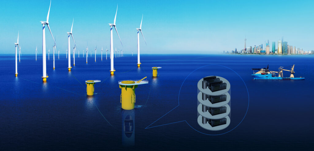 Computergrafik eines geplanten Unterwasser-Rechenzentrums vor Shanghai – betrieben mit Windstrom, entwickelt von Hailanyun Technology. © Hailanyun