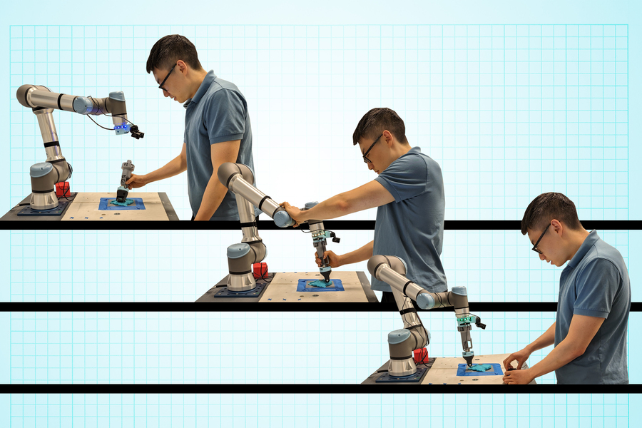 Ein neues handgeführtes Interface, entwickelt von Ingenieuren des MIT, ermöglicht es, einem Roboter neue Fähigkeiten beizubringen – wahlweise durch natürliches Vormachen (oben links), kinästhetisches Training (Mitte) oder Fernsteuerung (unten). © Studie