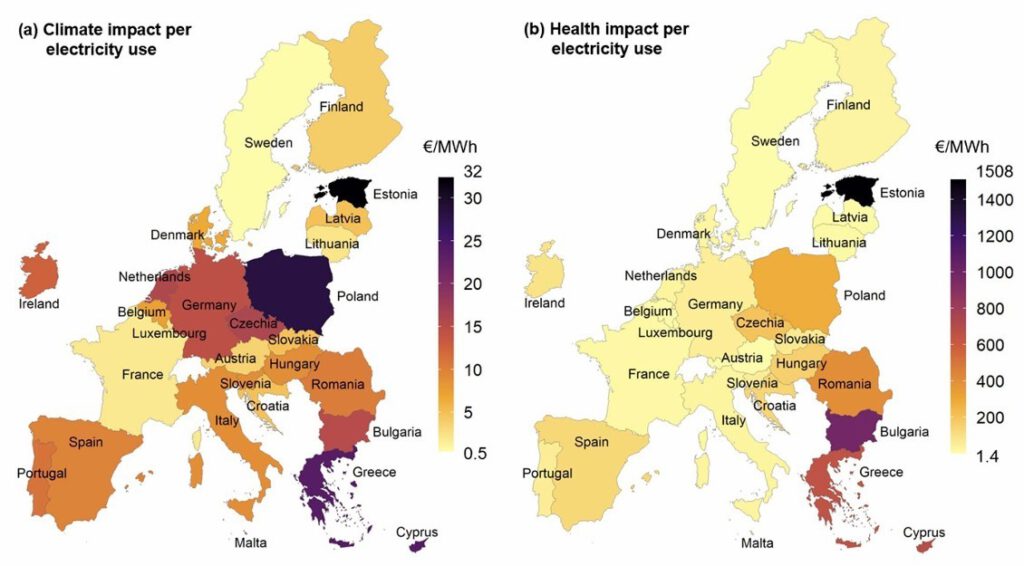 Klima- und Gesundheitsfolgen pro Megawattstunde Stromverbrauch in der EU im Jahr 2018. Nicht berücksichtigt sind Nicht-EU-Länder wie die Schweiz, Norwegen und das Vereinigte Königreich. © Studie