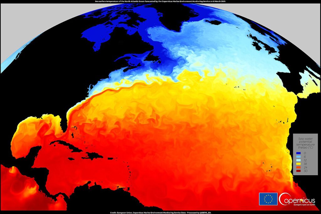 AMOC auf historischem Tief 2021: Temperaturkarte zeigt Veränderungen im Nordatlantik und ihre Klimafolgen. © European Union, Copernicus Marine Environment Monitoring Service (contains modified Copernicus Sentinel data 2021) via Wikimedia