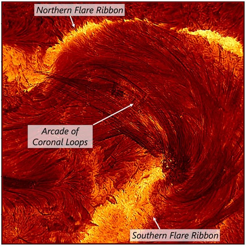 Hochauflösendes DKIST-Bild der Sonneneruption vom 8. August 2024: Sichtbar sind helle Flare-Ribbons und ein Bogen aus koronalen Plasma-Schleifen – das gezeigte Areal misst rund vier Erddurchmesser. © NSF/NSO/AURA